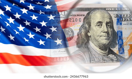 Economy of united states of America. USA flag. Dollars money under magnifying glass. US financial system. Economic situation in USA. Financial market of united states. Banking system. Monetary policy - Powered by Shutterstock