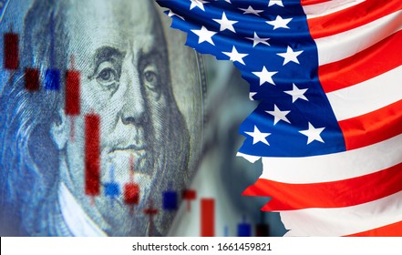 Economy Of The United States. Franklin Next To The Flag Of The US. AFragment Of A Dollar Bill. Concept - Stock Market Panic. Foreign Exchange Market Of The USA. Red Chips Mean Economic Decline