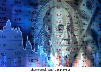 Economy Of The United States. Quotes And Graphs On The Background Of Franklin. Concept - Fall Of The US Economy. Crisis In America. Fall In The Value Of US Government Bonds. World Economic Crisis