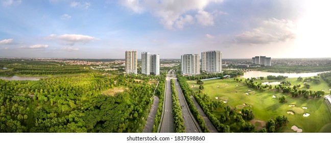 Eco-Park Ecological Urban Residential Area, Hung Yen, Vietnam - September 25, 2020: A panoramic view of Eco-Park eco-urban area from above. This is an urban area near Hanoi, with an area of 70%