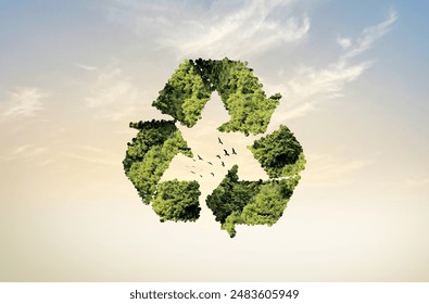 Ecosystem Restoration, environment day concept 3d tree background. Recycle icon banner with green forest. Eco-friendly recycling symbol, Ecology project concept.