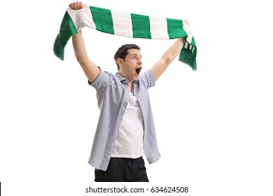 Ecstatic Football Fan Holding A Scarf And Cheering Isolated On White Background