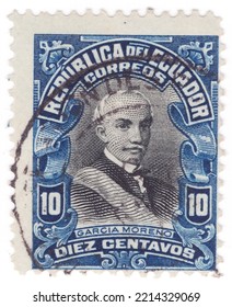 ECUADOR - 1907 July: An 10 Centavos Deep Blue And Black Postage Stamp Showing Portrait Of Gabriel Gregorio Fernando Jose Maria García Moreno. Politician And Aristocrat Who Twice Served As President Of