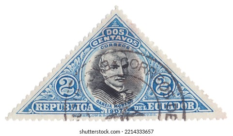 ECUADOR - 1908 June 25: An 2 Centavos Blue And Black Triangle Postage Stamp Showing Portrait Of Gabriel Gregorio Fernando Jose Maria García Moreno. Opening Of The Guayaquil-Quito Railway