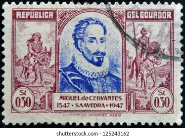 ECUADOR - CIRCA 1947: A Stamp Printed In Ecuador Shows Miguel De Cervantes And Don Quixote, Circa 1947