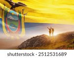 Ecuador flag waving in the sky. A couple hike and enjoy a break look at the top of the mountain adventure travel. Ecuador national national flag for independence day.