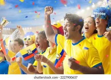 Ecuador football supporter on stadium. Ecuadorian fans on soccer pitch watching team play. Group of supporters with flag and national jersey cheering for Ecuador. Championship game. - Powered by Shutterstock