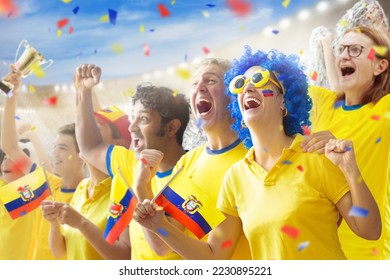 Ecuador football supporter on stadium. Ecuadorian fans on soccer pitch watching team play. Group of supporters with flag and national jersey cheering for Ecuador. Championship game. - Powered by Shutterstock