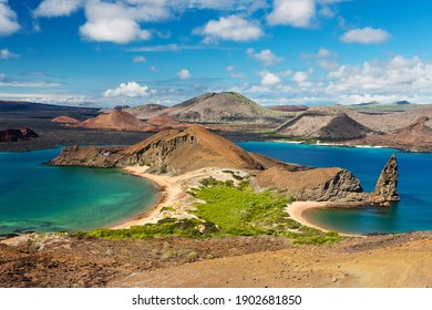 Ecuador. Galapagos Islands. View of two beaches of Bartolome Island in Galapagos Islands National park. Pinnacle Rock. Famous travel destination of Galapagos Islands.