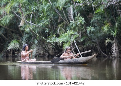 Ecuador, Yasuni National Park - February 6, 2017: Huaorani Indian On The River In Amazon Jungle