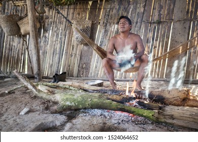 Ecuador, Yasuni National Park - February 6, 2017: In The Deep Of Amazonian Jungle Live Huaorani Indians. They Are Still Living By The Old Traditions And Habits.