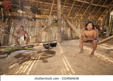 Ecuador, Yasuni National Park - February 6, 2017: In The Deep Of Amazonian Jungle Live Huaorani Indians. They Are Still Living By The Old Traditions And Habits.