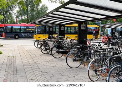 Edam, Netherlands - August 2022: Bicycles Left In A Bike Rack At The Town's Bus Station.