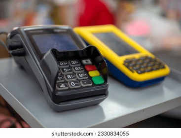 An EDC machine or electronic data capture machine, selected focus. No logo and brand.