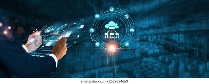Edge Computing: Businessman holding virtual interface panel of digital device on global networking, data processing, latency reduction, and distributed computing technology in futuristic.
