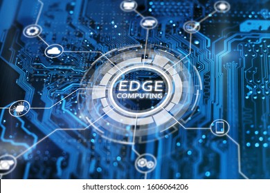 Edge computing technology concept. Blue integrated circuit with icons. Futuristic tech of data processing.