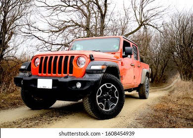EDGERTON, WI/USA - December 28 2019: 2020 Jeep Gladiator Offroading on dirt road