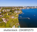 Edgewood Beach aerial view from  Providence River near river mouth to Narragansett Bay, with Providence modern city skyline at the back, Cranston, Rhode Island RI, USA. 