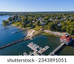 Edgewood Yacht Club aerial view from  Providence River near river mouth to Narragansett Bay in city of Cranston, Rhode Island RI, USA. 