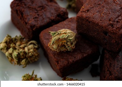 Edible Marijuana For Chronic Pain Treatment, Alternative Medicine Diet And Legal Weed Concept Theme With Close Up On Cannabis Buds And Delicious Brownies