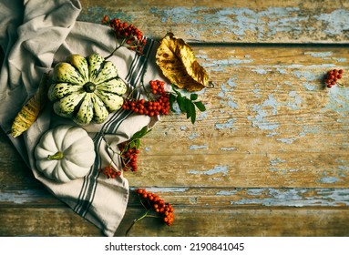 Edible Pumpkin And Rowan Fruit On Rustic Wooden Background. Autumn Arrangement. Copy Space