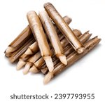 Edible raw razor clams isolated on white background. Delicacy food.