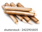 Edible raw razor clams isolated on white background. Delicacy food.