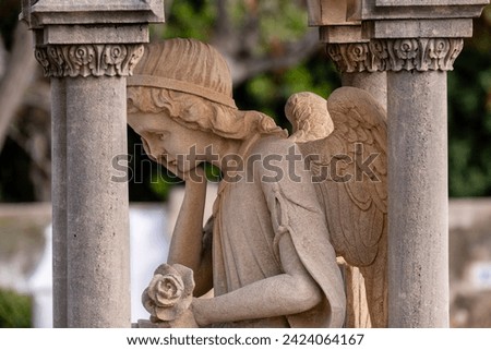edicule with thinking angel in memory of Gabriel Bordoy, 1911, Alaró Cemetery, Mallorca, Balearic Islands, Spain
