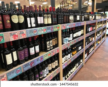 Edina, Minnesota/USA. June 1, 2019. An aisle full of wine bottles at a Trader Joe’s in Minnesota.