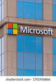 EDINA, MN/USA - APRIL 11, 2020: Microsoft corporate offices and trademark logo.