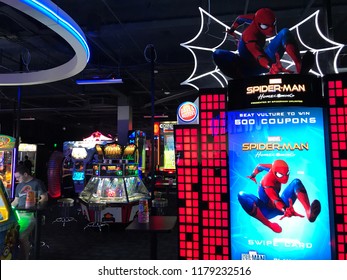 Edina, MN/USA- August 22, 2018. The Interior Of A Dave And Buster's, Featuring A New Spiderman Homecoming Game In Their Arcade Area.