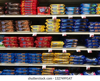 Edina, MN/USA. February 28, 2019. A large display of various cookies including Oreos and Chips Ahoy.