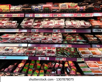 Edina, MN/USA. February 7, 2019. The meat section of a Trader Joe’s in Minnesota.