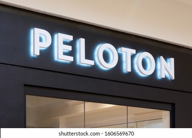EDINA, MN/USA - JANUARY 1, 2020: Peleton retail exercise store exterior and trademark logo.