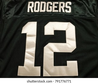 Edina, MN/USA January 11, 2018- Football Jersey On Display Of MVP Quarterback Aaron Rodgers.