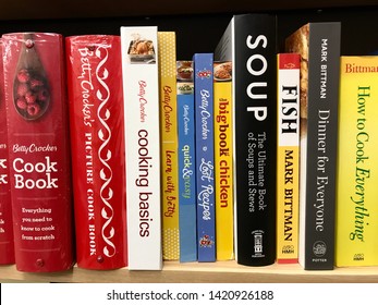 Edina, MN/USA. June 10, 2019. A variety of cookbooks including a book about soup and many by Betty Crocker sit on a shelf in Minnesota.