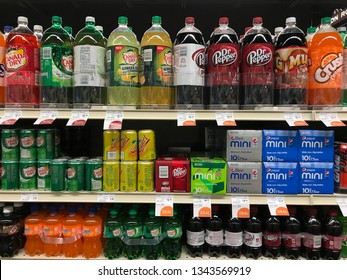 Edina, MN/USA. March 18, 2019. A display of soft drinks at a grocery store in Minnesota.