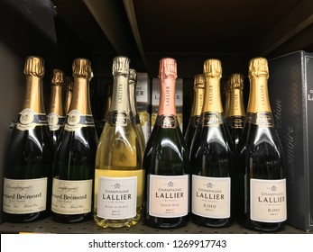 Edina, MN/USA. May 18, 2018.  French Champagne on display on a shelf for sale in Edina. It's customary to drink champagne on New Year's Eve.