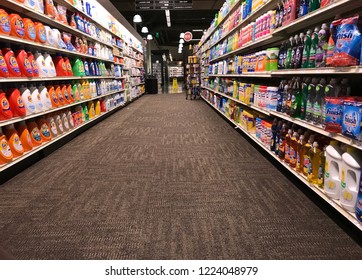 Edina, MN/USA- November 4, 2018. An empty aisle filled with cleaning supplies at a supermarket in Minnesota.