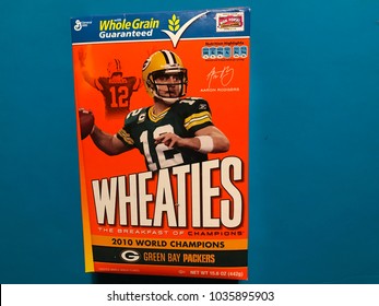 Edina, MN/USA-February 27, 2018: Wheaties Cereal Box Featuring Green Bay Packers Quarterback Aaron Rodgers Commemorating The 2010 World Champion Packers Team.