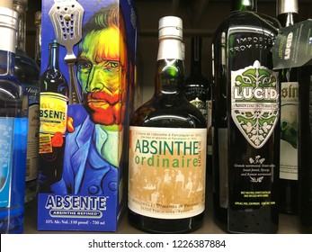 Edina, MN/USA-November 9th, 2018. New Absinthe bottles from France on display in a retail store.