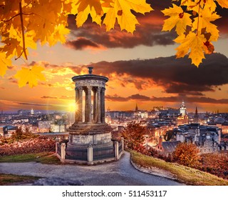 Edinburgh With Calton Hill Against Autumn Leaves In Scotland