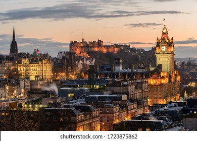 Edinburgh Castle and Princes Street at Sunset.
