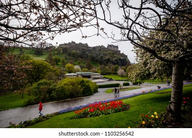 Edinburgh Castle View From Prince Street Gardens, With People Walking Along With Cherry Blossons Overhead During A Rainy Day In Spring. Edinburgh, Scotland