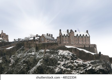 Edinburgh Castle In Winter Snow Scotland, UK