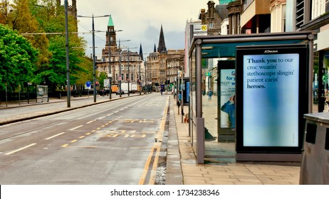 Edinburgh City Centre With Empty Streets And Roads During Lockdown. Bus Stops Advertising Boards  Thanking Medical Staff During Covid 19 Lockdown. Princes Street Edinburgh Scotland UK. May 2020