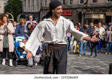 Edinburgh Festival Fringe 2022-5 Aug-29 Aug Edinburgh UK. Performers On The Street. Actors Of Street Theater And Musicians In Capitol Of Scotland. A Comedy Actors Perform On The Royal Mile.