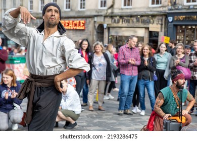 Edinburgh Festival Fringe 2022-5 Aug-29 Aug Edinburgh UK. Performers On The Street. Actors Of Street Theater And Musicians In Capitol Of Scotland. A Comedy Actors Perform On The Royal Mile.