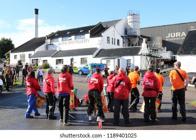 The Edinburgh Samba School Band Performing Outside The Jura Distillery During The Music Festival : Craighouse, Isle Of Jura, Scotland, UK : 23 September 2018 : Pic Mick Atkins