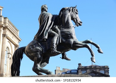 EDINBURGH, SCOTLAND - 16 February 2021 Statue of the Duke of Wellington on a Horse on Princes Street